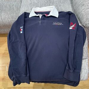 Vintage Nautica Long Sleeve Polo Mens Blue Sailing Flags Crest Boating Y2k
